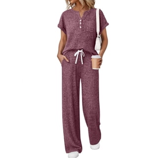 SUNBS Lounge Set for Women Two Piece Outfit Sets Henley Shirt Wide Leg Pants Casual Sweat Suit