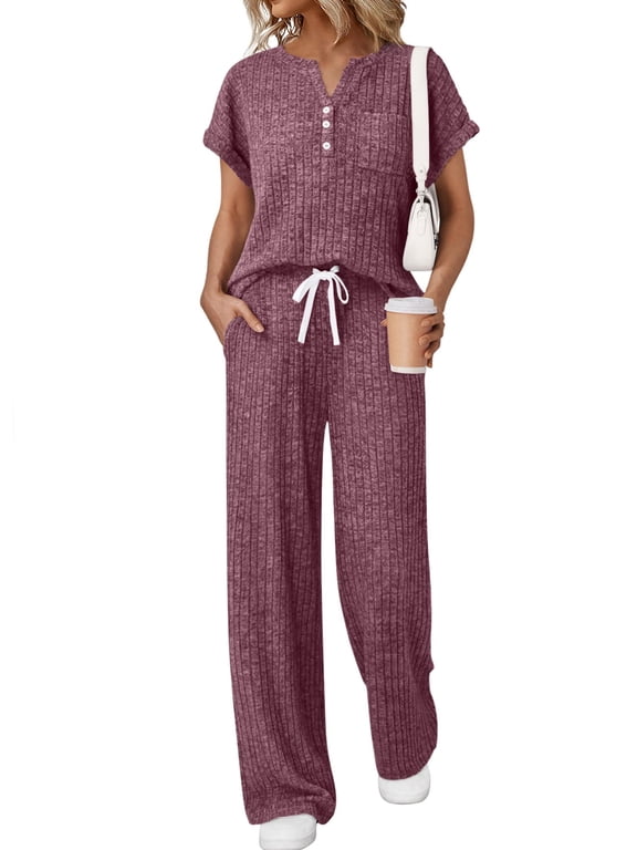 Lounge Set for Women Two Piece Outfit Sets Henley Shirt Wide Leg Pants Casual Sweat Suit