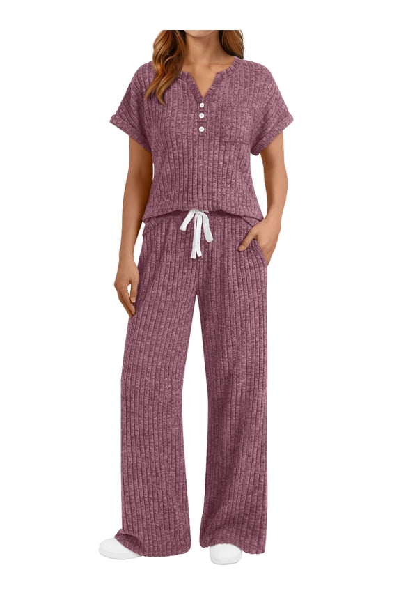 Two Piece Lounge Set for Women Outfit Sets Henley Shirt Wide Leg Pants Casual Sweat Suit