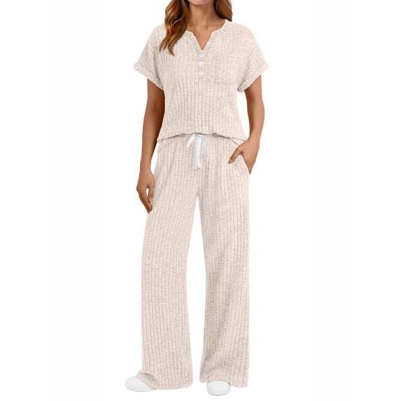 SUNBS Two Piece Lounge Set for Women Outfit Sets Henley Shirt Wide Leg Pants Casual Sweat Suit