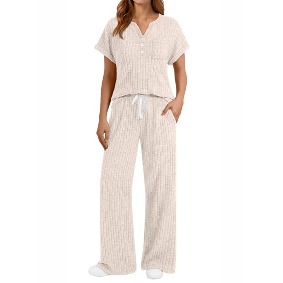 SUNBS Two Piece Lounge Set for Women Outfit Sets Henley Shirt Wide Leg Pants Casual Sweat Suit