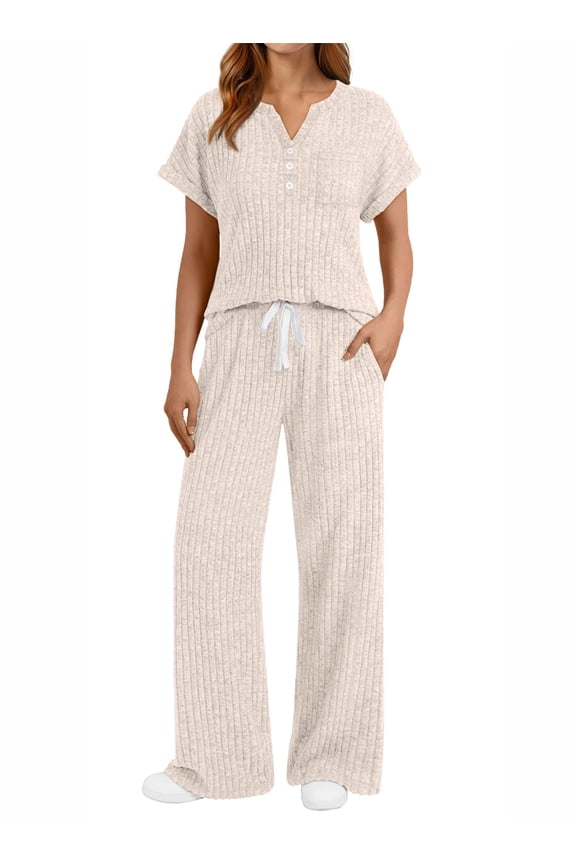 Two Piece Lounge Set for Women Outfit Sets Henley Shirt Wide Leg Pants Casual Sweat Suit