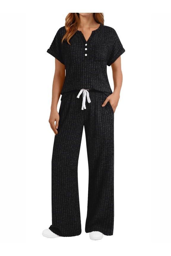 Two Piece Lounge Set for Women Outfit Sets Henley Shirt Wide Leg Pants Casual Sweat Suit