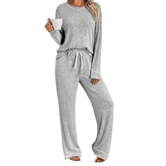 SUNBS Long Sleeve Lounge Sets for Women Casual Two Piece Outfits Wide Leg Pants with Pockets Crewneck Pajamas Clothing