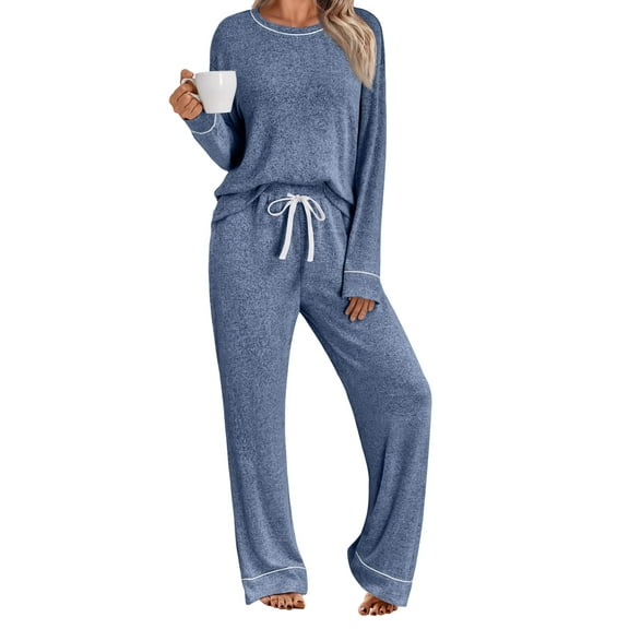 SUNBS Long Sleeve Lounge Sets for Women Casual Two Piece Outfits Wide Leg Pants with Pockets Crewneck Pajamas Clothing