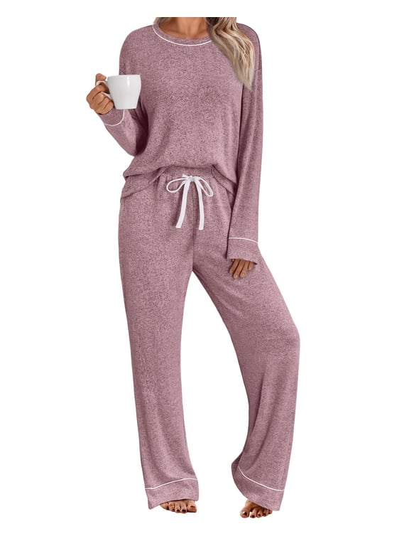 Long Sleeve Lounge Sets for Women Casual Two Piece Outfits Wide Leg Pants with Pockets Crewneck Pajamas Clothing