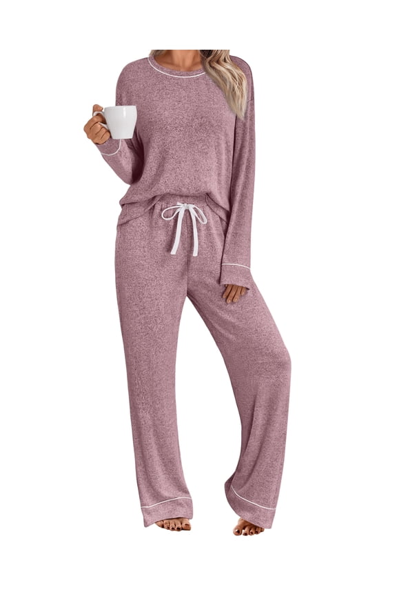 Long Sleeve Lounge Sets for Women Casual Two Piece Outfits Wide Leg Pants with Pockets Crewneck Pajamas Clothing