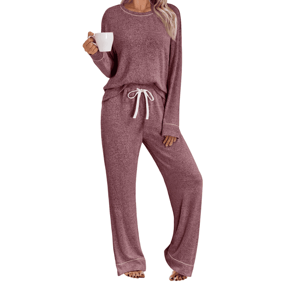 SUNBS Long Sleeve Lounge Sets for Women Casual Two Piece Outfits Wide Leg Pants with Pockets Crewneck Pajamas Clothing
