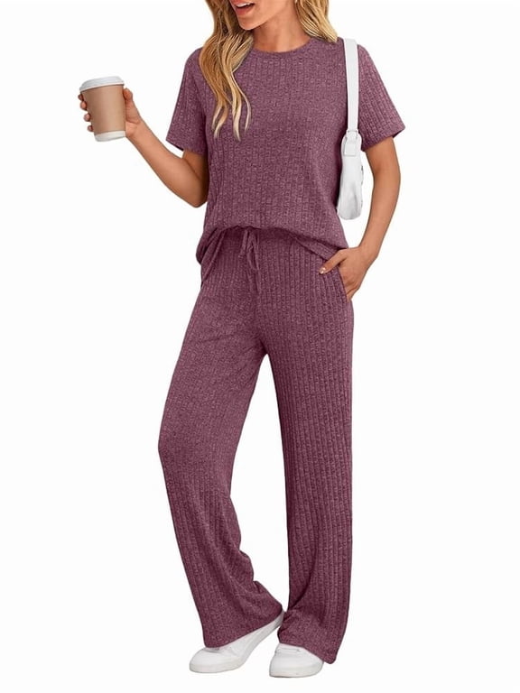 Lounge Sets for Women Summer Matching 2 Piece Outfit For Women Lounge Set Ribbed Knit Pajamas Set Trendy Clothes