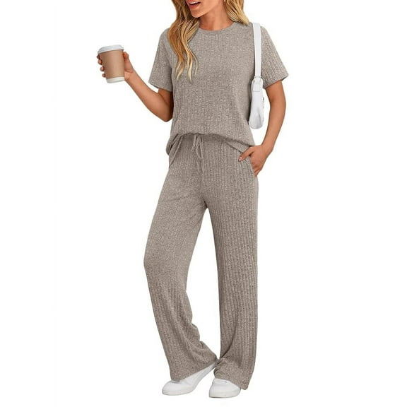 SUNBS Two Piece Lounge Sets for Women Summer Matching 2 Piece Outfits Ribbed Knit Pajamas Set Wide Leg Pants Trendy Clothes