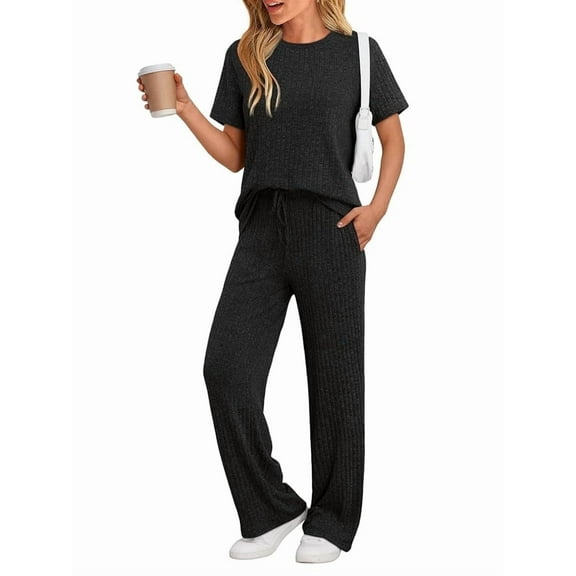 SUNBS Two Piece Lounge Sets for Women Summer Matching 2 Piece Outfits Ribbed Knit Pajamas Set Wide Leg Pants Trendy Clothes