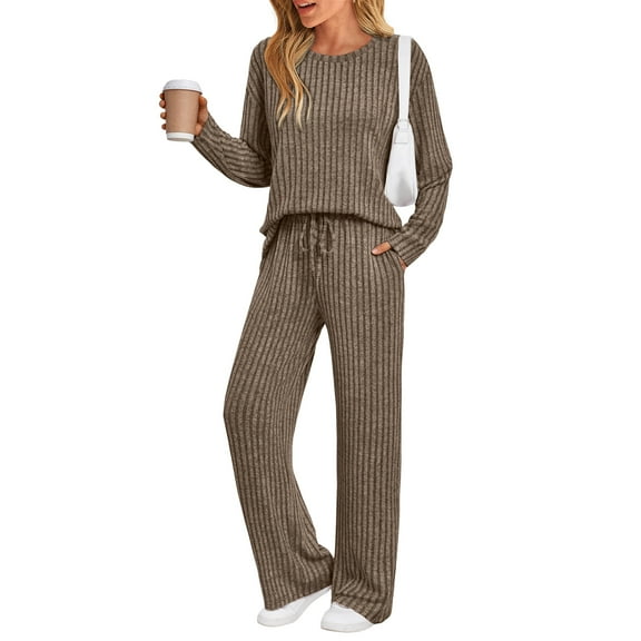 SUNBS Two Piece Lounge Sets for Women Pajamas Set Wide Leg Pants Ribbed Knit Winter Matching 2 Piece Outfits Trendy Clothes