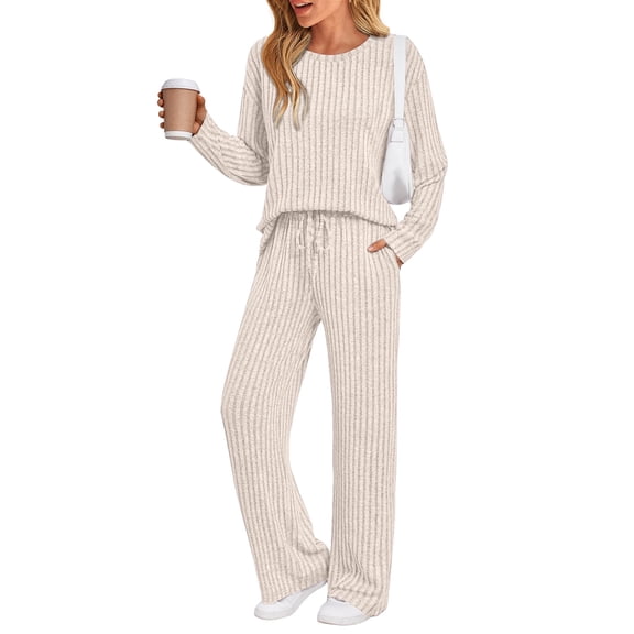 SUNBS Two Piece Lounge Sets for Women Pajamas Set Wide Leg Pants Ribbed Knit Winter Matching 2 Piece Outfits Trendy Clothes