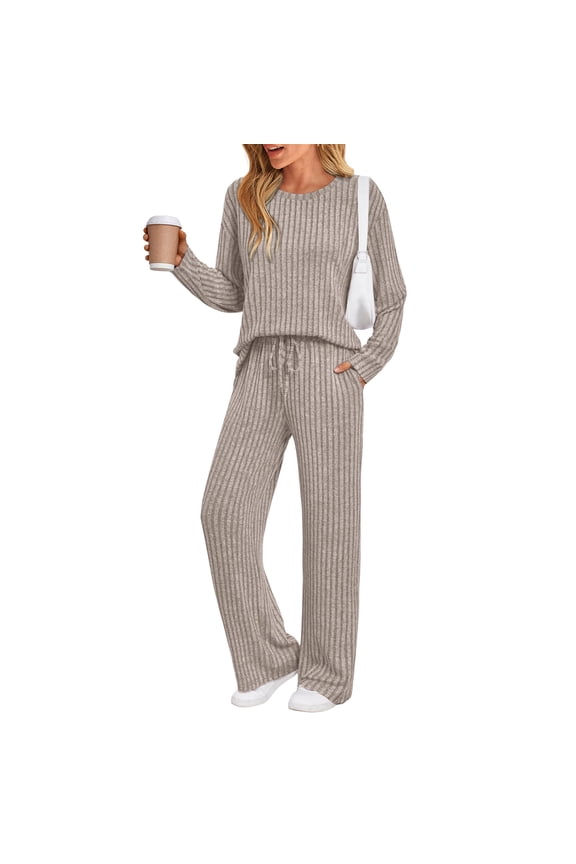 Two Piece Lounge Sets for Women Pajamas Set Wide Leg Pants Ribbed Knit Winter Matching 2 Piece Outfits Trendy Clothes