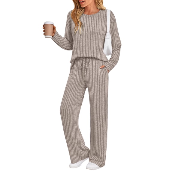 SUNBS Two Piece Lounge Sets for Women Pajamas Set Wide Leg Pants Ribbed Knit Winter Matching 2 Piece Outfits Trendy Clothes