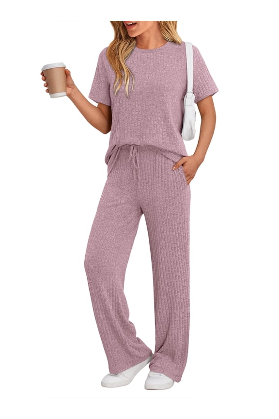 Lounge Sets for Women Summer Matching 2 Piece Outfit For Women Lounge Set Ribbed Knit Pajamas Set Trendy Clothes