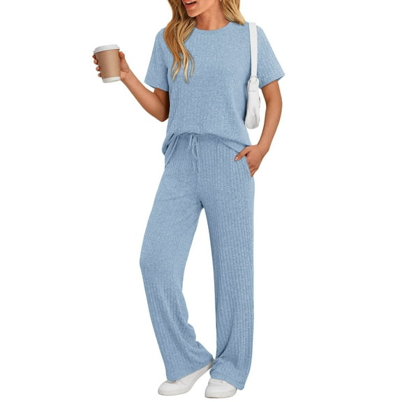 SUNBS Two Piece Lounge Sets for Women Summer Matching 2 Piece Outfits Ribbed Knit Pajamas Set Wide Leg Pants Trendy Clothes
