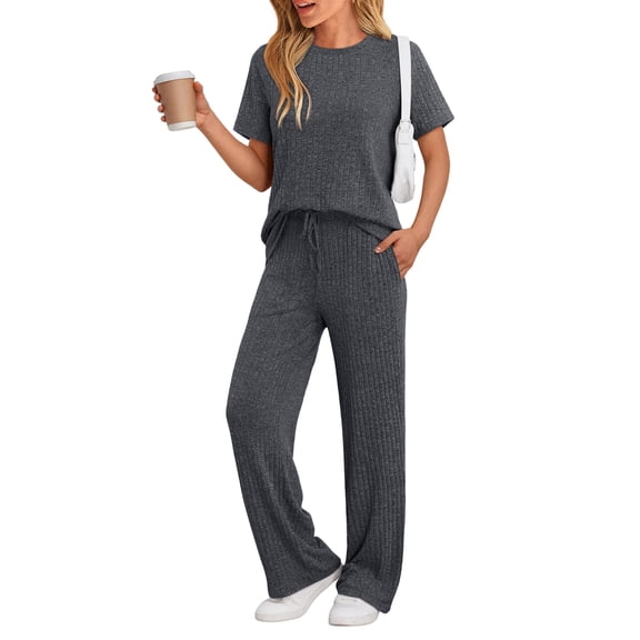 SUNBS Two Piece Lounge Sets for Women Summer Matching 2 Piece Outfits Ribbed Knit Pajamas Set Wide Leg Pants Trendy Clothes