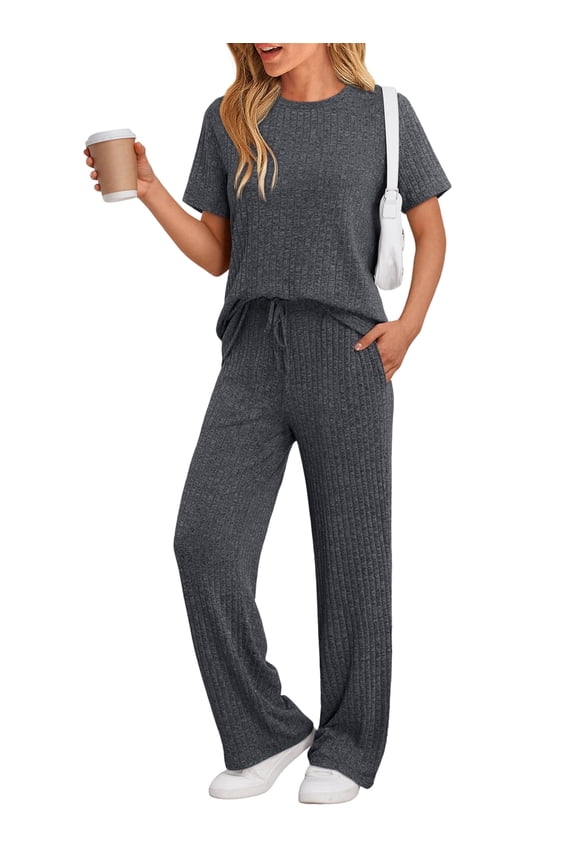 Lounge Sets for Women Summer Matching 2 Piece Outfit For Women Lounge Set Ribbed Knit Pajamas Set Trendy Clothes
