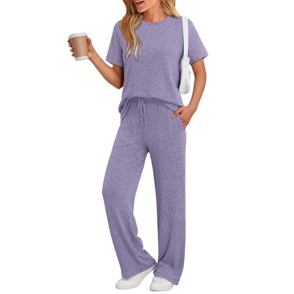 SUNBS Two Piece Lounge Sets for Women Summer Matching 2 Piece Outfits Ribbed Knit Pajamas Set Wide Leg Pants Trendy Clothes