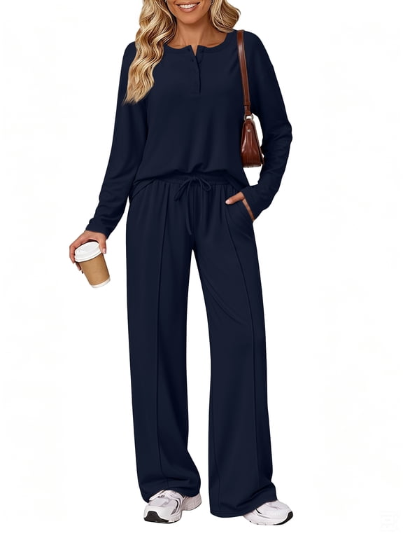 Lounge Sets for Women Two Piece Sets Henley Neck Top Wide Leg Pants Vacation Fall Travel Outfits