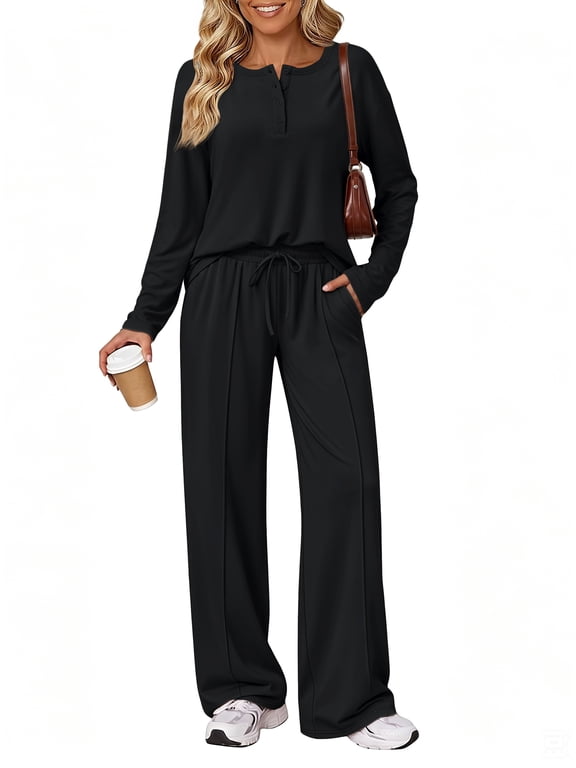 Lounge Sets for Women Two Piece Sets Henley Neck Top Wide Leg Pants Vacation Fall Travel Outfits