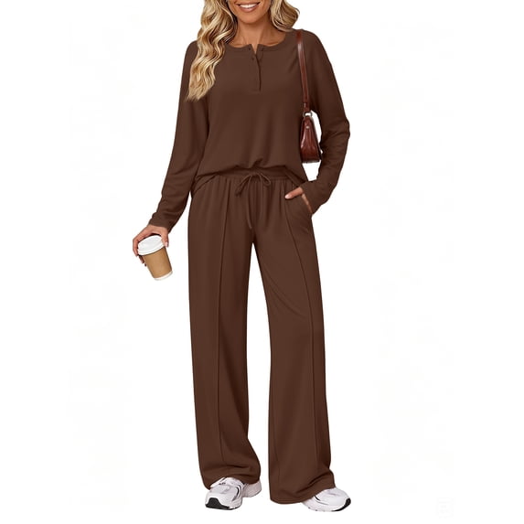 SUNBS Lounge Sets for Women Two Piece Sets Henley Neck Top Wide Leg Pants Vacation Fall Travel Outfits