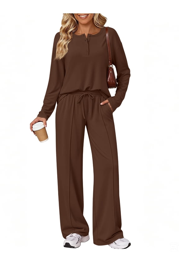 Lounge Sets for Women Two Piece Sets Henley Neck Top Wide Leg Pants Vacation Fall Travel Outfits