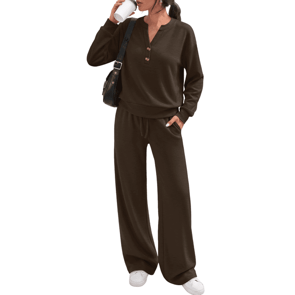 SUNBS Two Piece Outfits Women Fall Sweatsuits Henley Neck Tops Lounge Sets Wide Leg Pants Vocation Travel Outfits