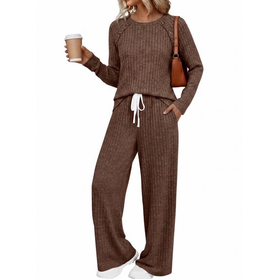SUNBS Two Piece Sets Womens Lounge Sets Fall Wide Leg Pants with Pocket Matching Sets Crew Neck Top Casual Pajamas Sets Clothes