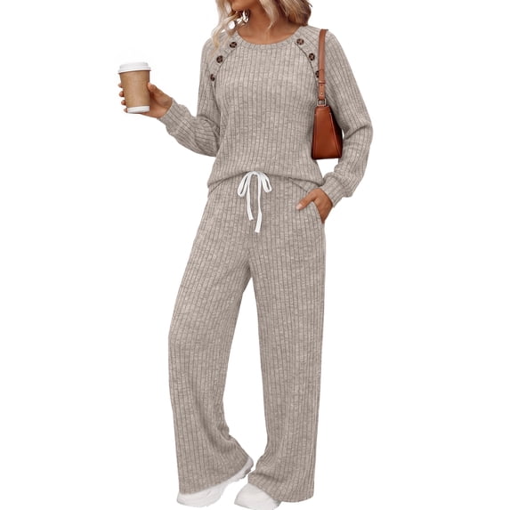 SUNBS Two Piece Sets Womens Lounge Sets Fall Wide Leg Pants with Pocket Matching Sets Crew Neck Top Casual Pajamas Sets Clothes
