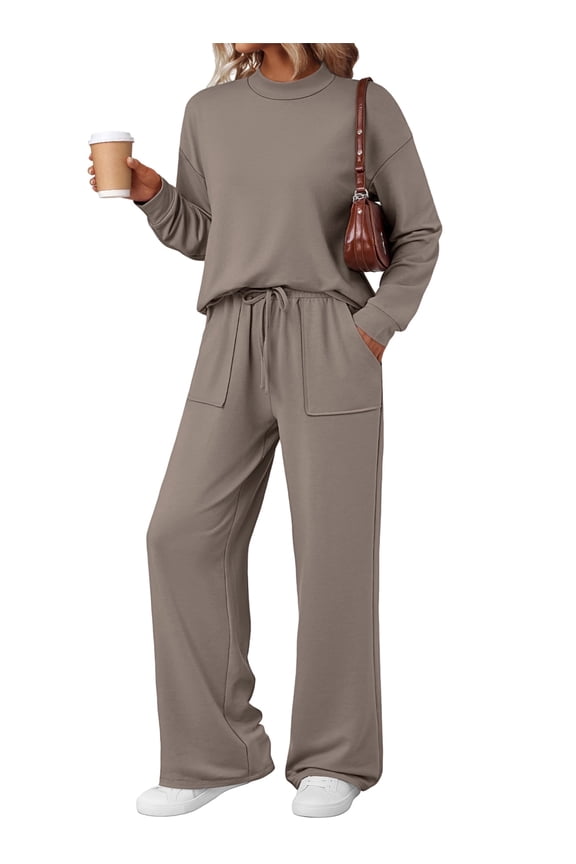 Two Piece Sets for Women Fall Outfits Lounge Sets Mock Neck Tops Wide Leg Pants Vacation Travel Airport Outfits