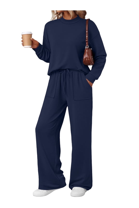 Two Piece Sets for Women Fall Outfits Lounge Sets Mock Neck Tops Wide Leg Pants Vacation Travel Airport Outfits