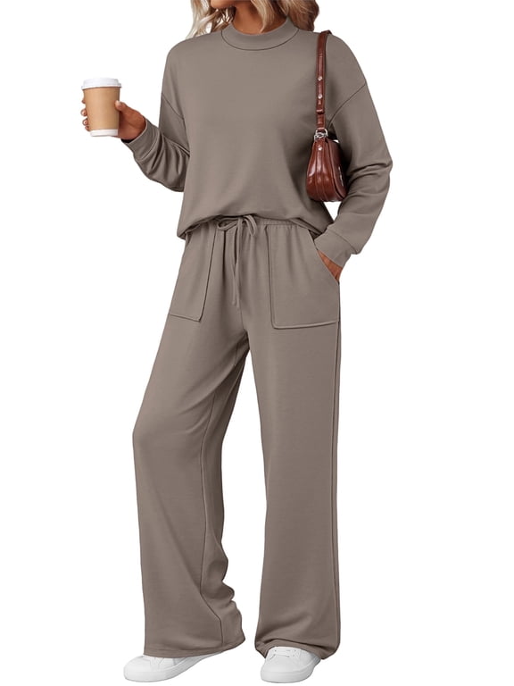 Mock Neck Sweatsuits Lounge Sets for Women Two Piece Fall Wide Leg Pants with Pocket Matching Sets Vacation Travel Outfits Clothes