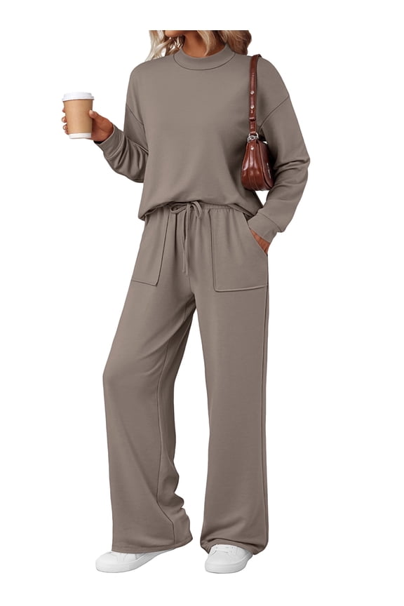 Two Piece Sets for Women Fall Outfits Lounge Sets Mock Neck Tops Wide Leg Pants Vacation Travel Airport Outfits