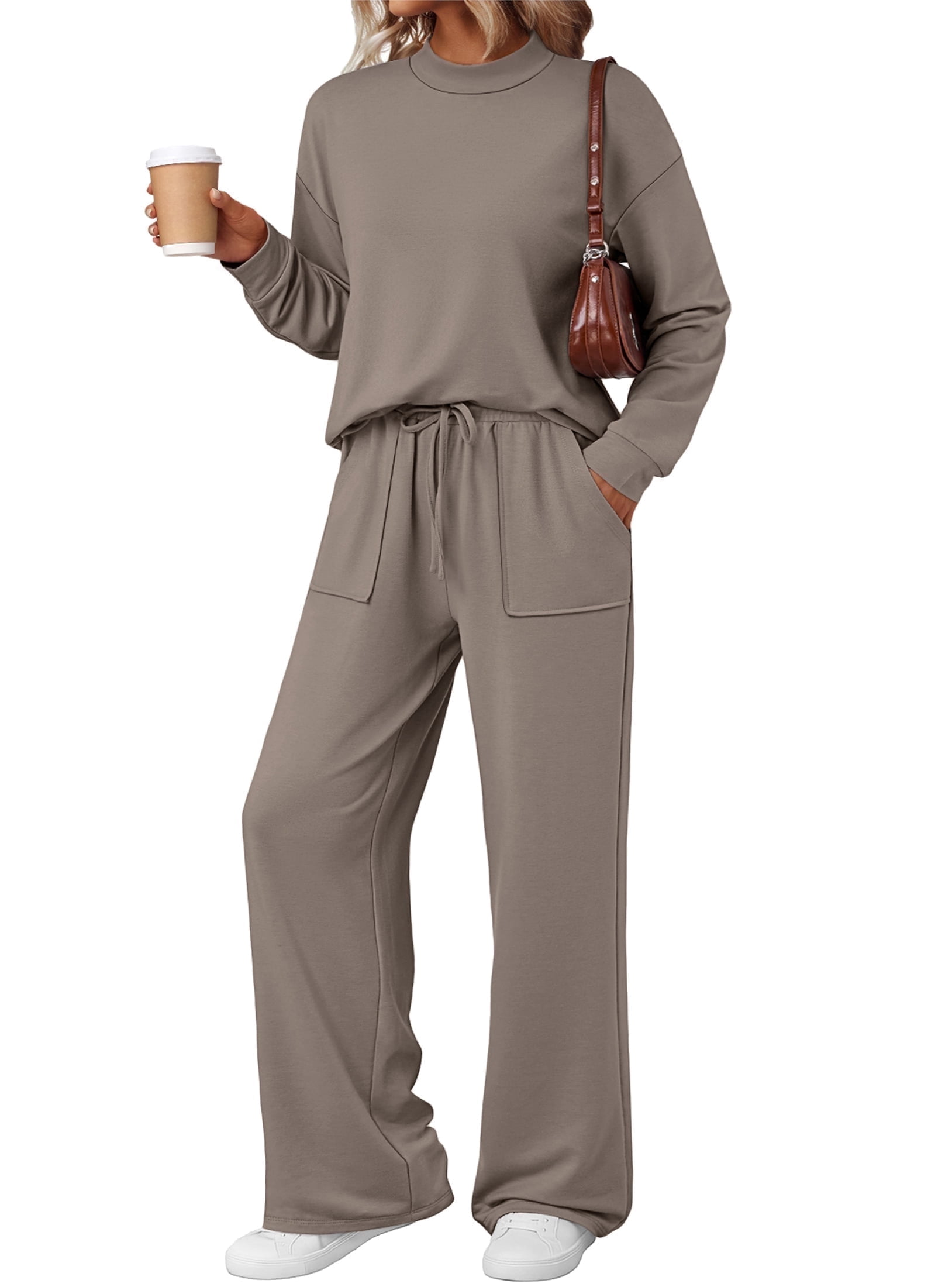 Two Piece Sets for Women Fall Outfits Lounge Sets Mock Neck Tops Wide Leg Pants Vacation Travel Airport Outfits