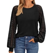 SUNBS Women Blouses Hollow-Out Lace Tops Crew Neck Long Sleeve Shirts for Women Trendy Clothes