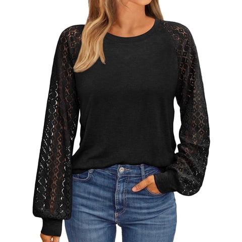 Women Blouses Hollow-Out Lace Tops Crew Neck Long Sleeve Shirts for Women Trendy Clothes