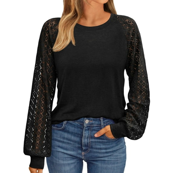 SUNBS Women Blouses Hollow-Out Lace Tops Crew Neck Long Sleeve Shirts for Women Trendy Clothes