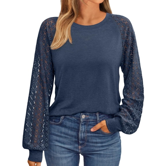 SUNBS Women Blouses Hollow-Out Lace Tops Crew Neck Long Sleeve Shirts for Women Trendy Clothes