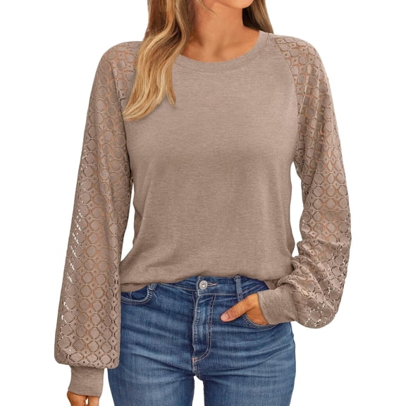SUNBS Women Blouses Hollow-Out Lace Tops Crew Neck Long Sleeve Shirts for Women Trendy Clothes