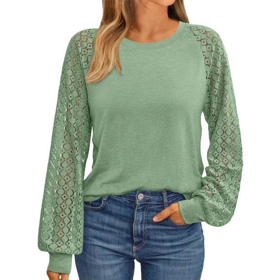 SUNBS Women Blouses Hollow-Out Lace Tops Crew Neck Long Sleeve Shirts for Women Trendy Clothes