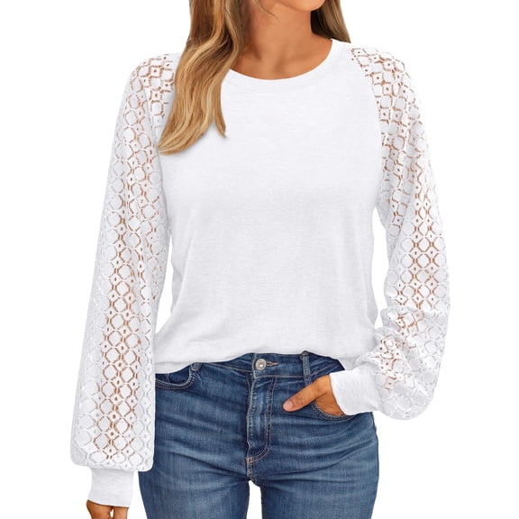 SUNBS Women Blouses Hollow-Out Lace Tops Crew Neck Long Sleeve Shirts for Women Trendy Clothes