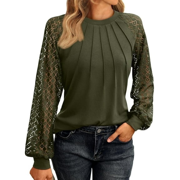 SUNBS Women Fashion Pleated Tunic Lace Tops Crewneck Casual Fashion Blouses