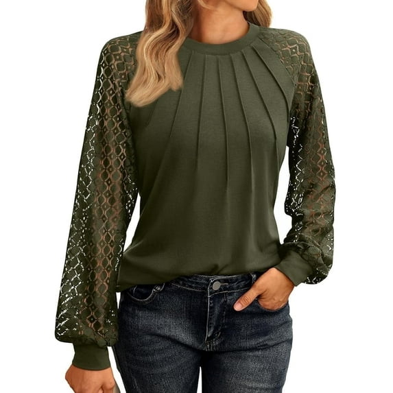 SUNBS Women Fashion Pleated Tunic Lace Tops Crewneck Casual Fashion Blouses