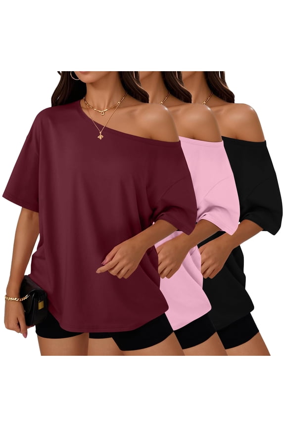 3 Pack T-Shirts for Women Short Sleeve Plus Size Womens Off The Shoulder Tops Casual Spring Fashion Clothes.