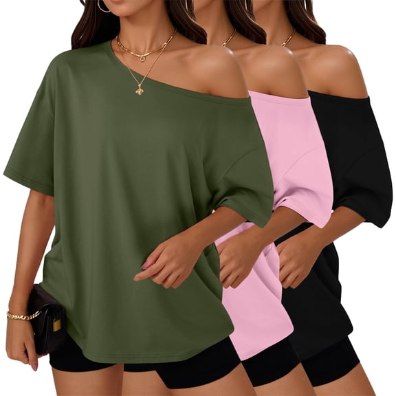 SUNBS 3 Pack T-Shirts for Women Short Sleeve Plus Size Womens Off The Shoulder Tops Casual Spring Fashion Clothes.