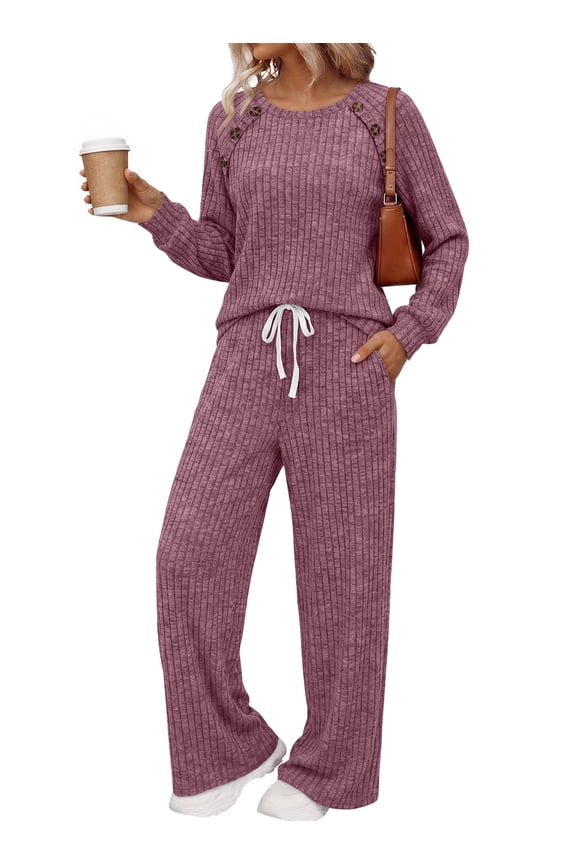 Two Piece Sets Womens Lounge Sets Fall Wide Leg Pants with Pocket Matching Sets Crew Neck Top Casual Pajamas Sets Clothes