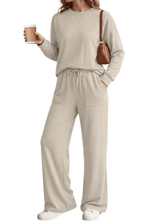 2 Piece Sets for Women Fall Outfits Lounge Sets Crew Neck High Waist Wide Leg Pants for Travel Airport Casual Clothes
