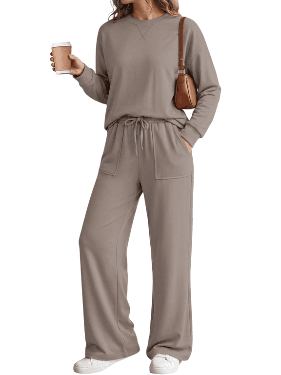 2 Piece Sets for Women Fall Outfits Lounge Sets Crew Neck High Waist Wide Leg Pants for Travel Airport Casual Clothes
